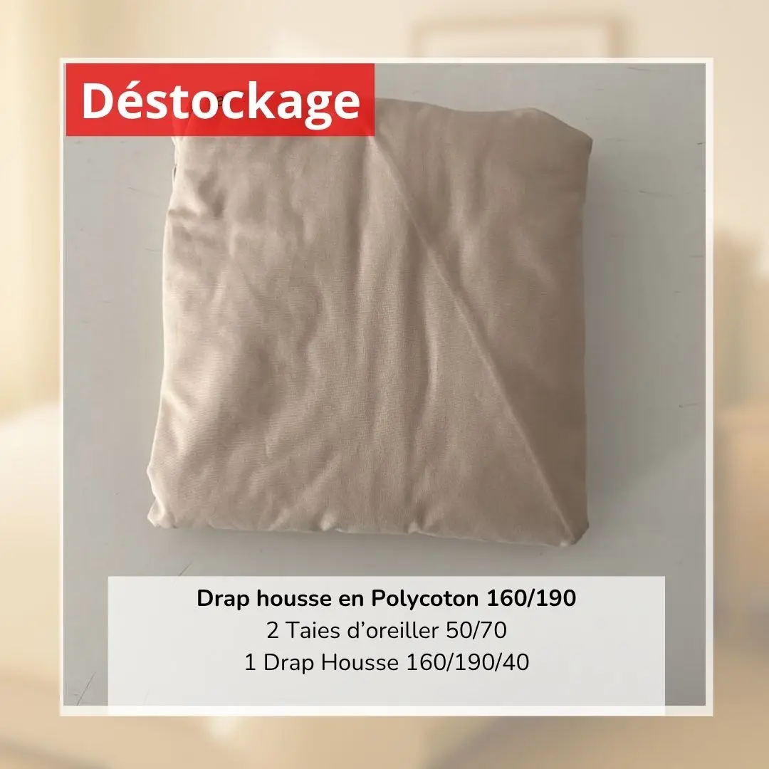 Déstockage! Drap Housse en PolyCoton Beige 160/190 et 2 Taies