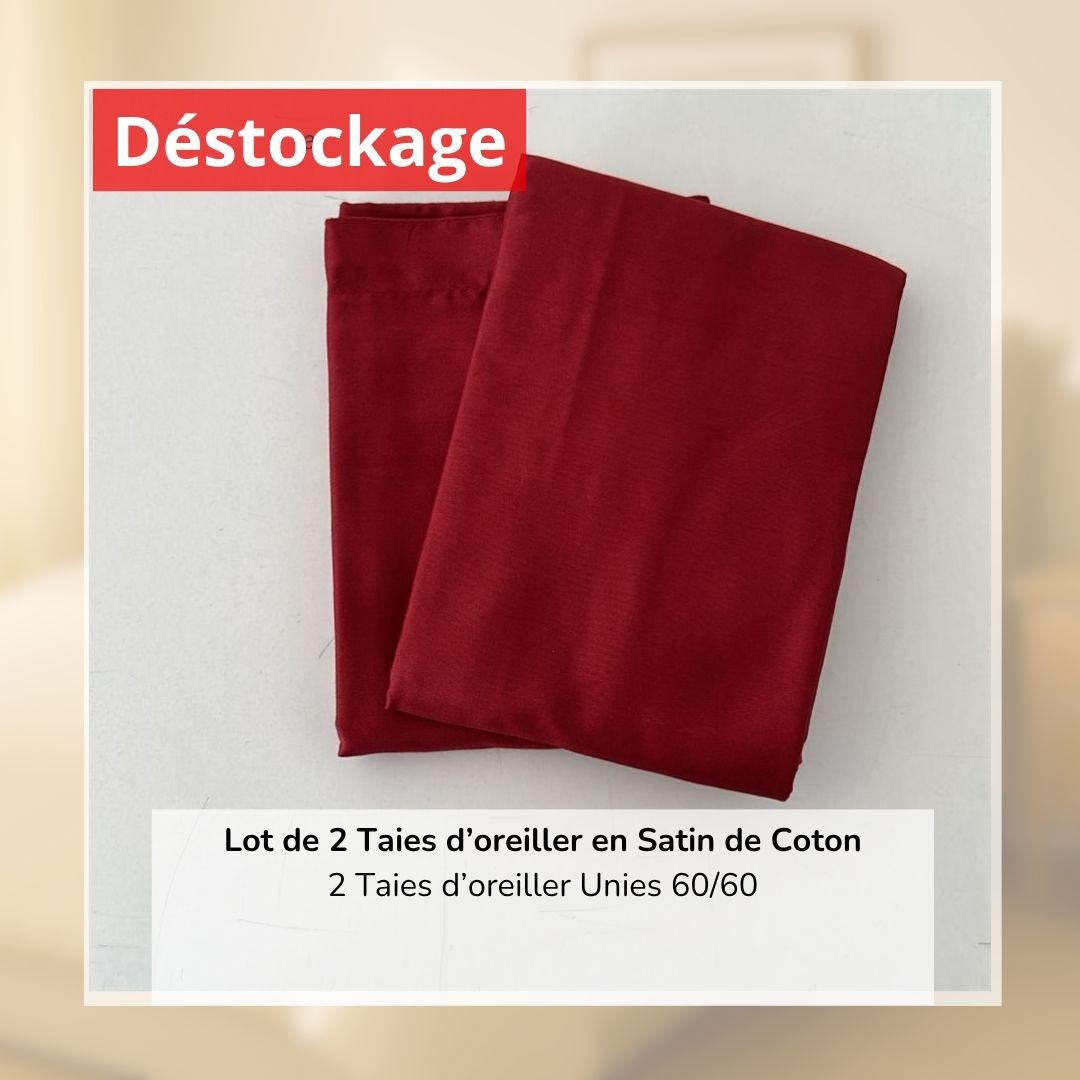Déstockage! Lot de 2 Taies d’oreiller en Satin de Coton Rouge Bordeaux Uni (60/60 cm)