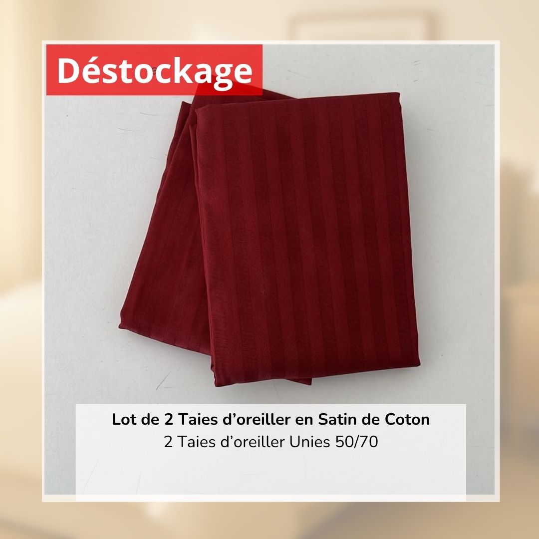 Déstockage! Lot de 2 Taies d’oreiller en Satin de Coton Rouge Bordeaux Rayé (50/70 cm)