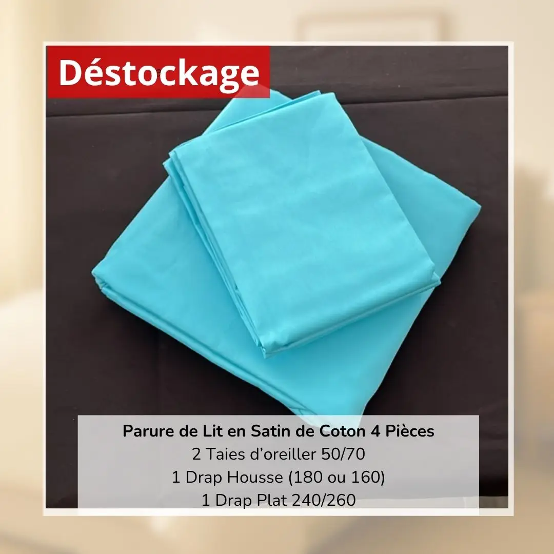 Déstockage! Parure de Lit en Satin de Coton Bleu Ciel Uni 2 Places (4 Pièces)