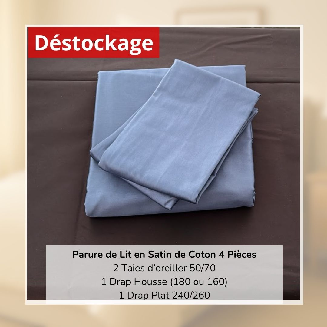 Déstockage! Parure de Lit en Satin de Coton Bleu Ardoise Uni 2 Places (4 Pièces)