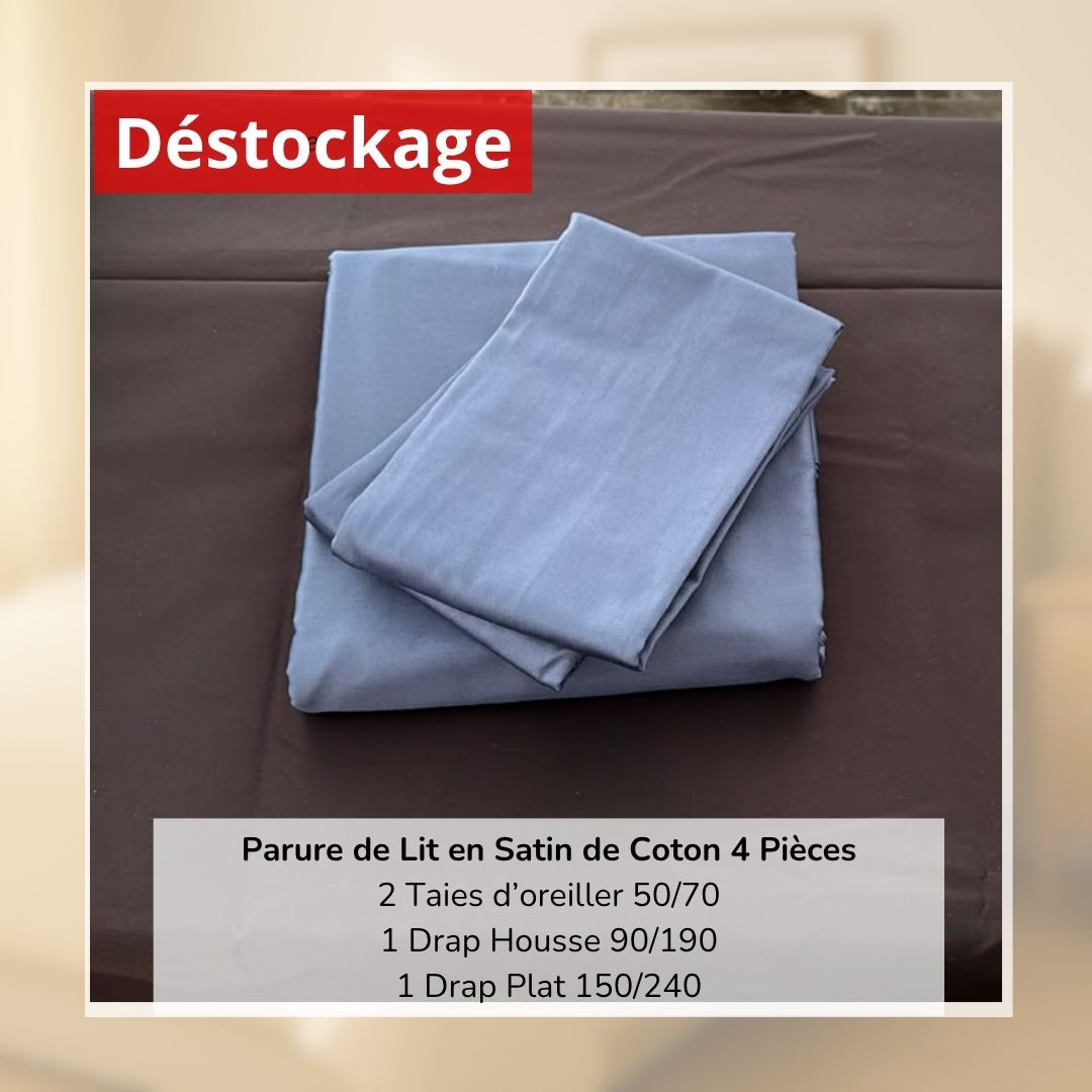 Déstockage! Parure de Lit en Satin de Coton Bleu Ardoise Uni 1 Place (4 Pièces)