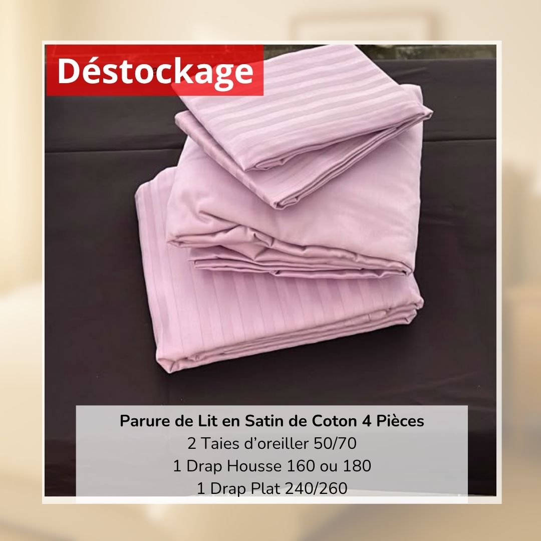Déstockage! Parure de Lit en Satin de Coton Lilas 2 Places (4 Pièces)