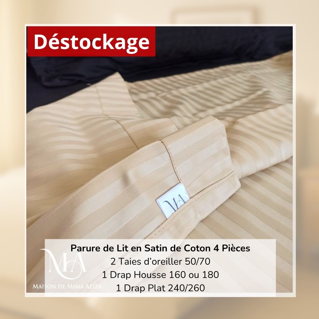 Déstockage! Parure de Lit en Satin de Coton Champagne 2 Places (4 Pièces)