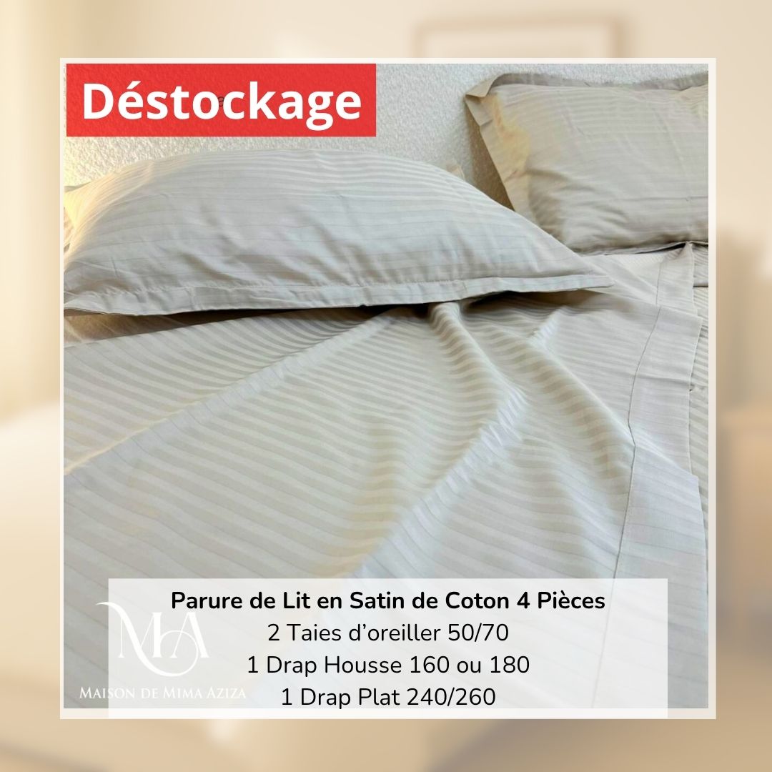 Déstockage! Parure de Lit en Satin de Coton Beige Clair 2 Places (4 Pièces)