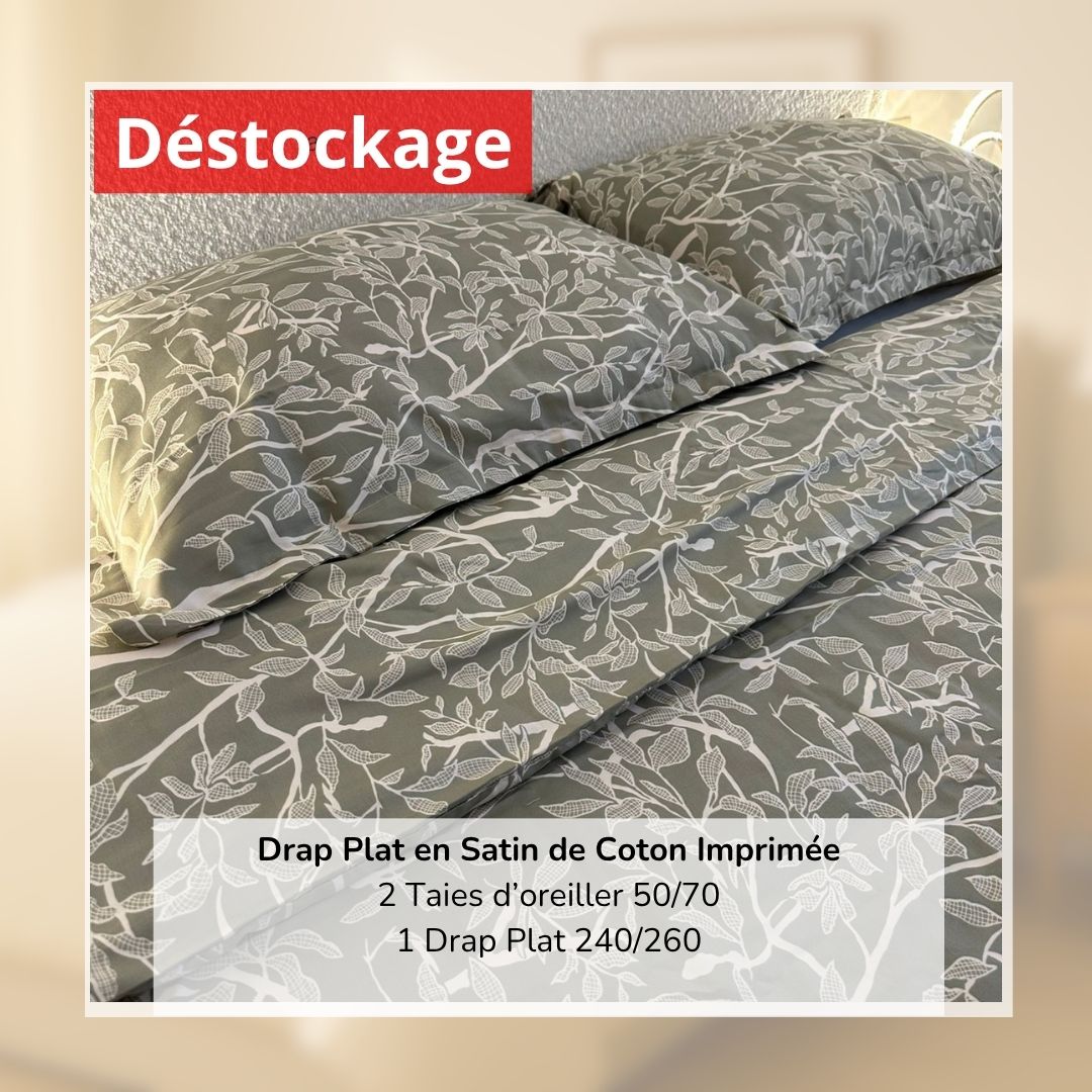 Déstockage! Drap Plat en Satin de Coton Imprimé V03217 240/260 et 2 Taies