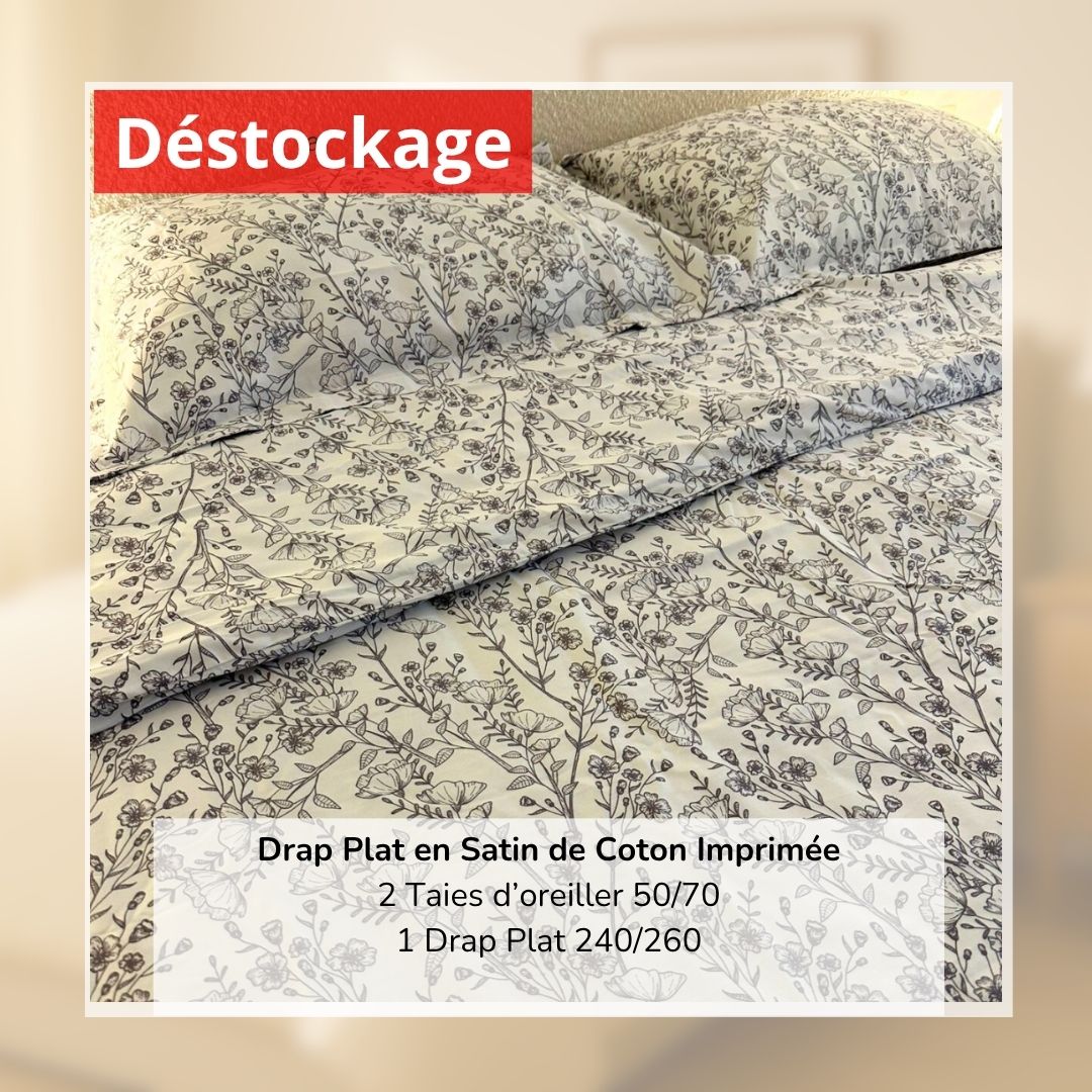 Déstockage! Drap Plat en Satin de Coton Imprimé V22125 240/260 et 2 Taies