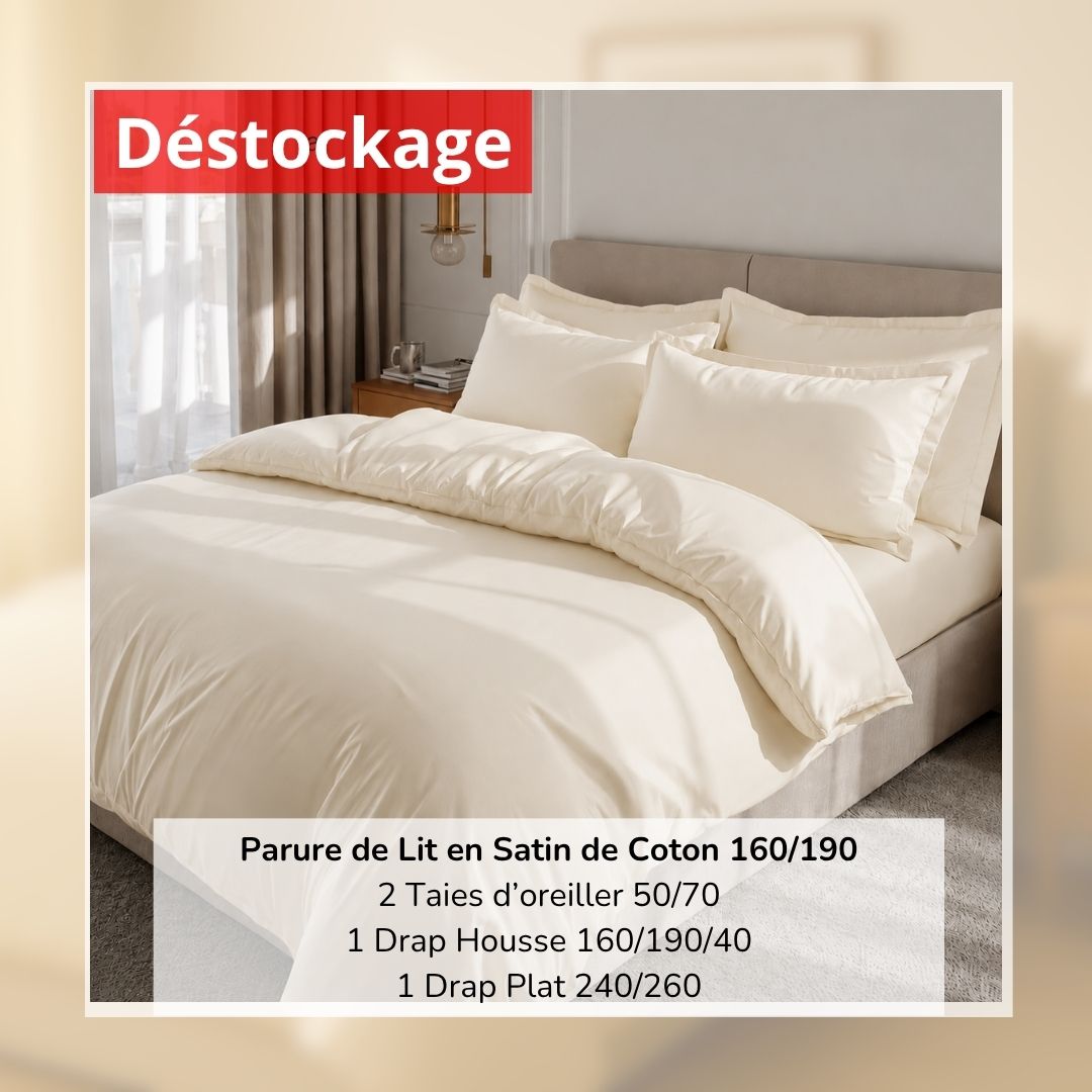 Déstockage! Parure de Lit en Satin de Coton Ecru Uni 160/190 (4 Pièces)