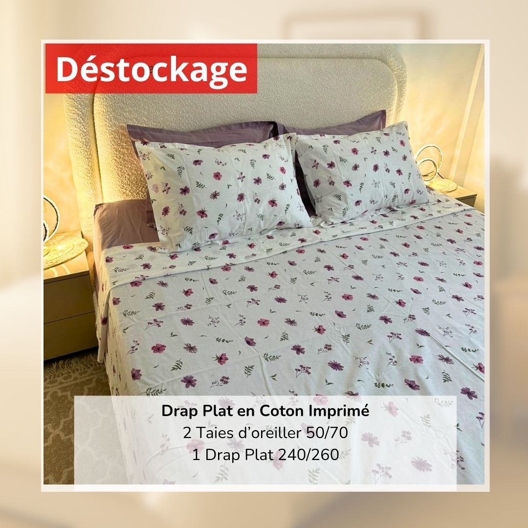Déstockage! Drap Plat en Coton Imprimé L29529 240/260 et 2 Taies