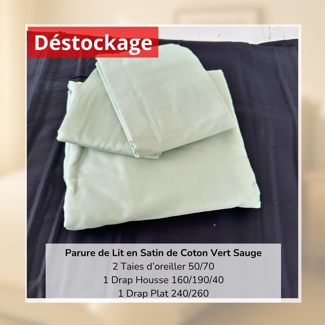 Déstockage! Parure de Lit En Satin de Coton Vert Sauge 160/190 (4 Pièces)