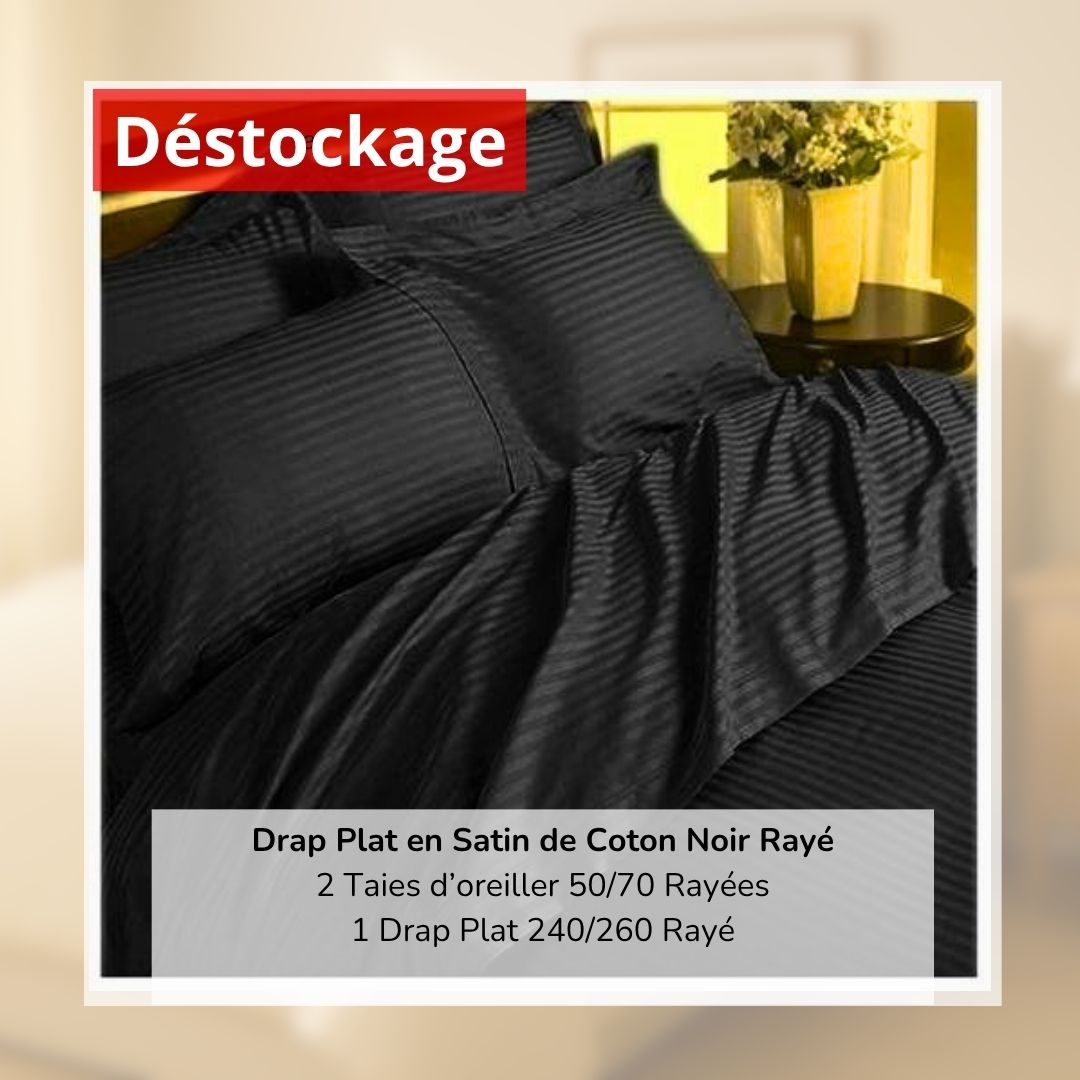 Déstockage! Drap Plat en Satin de Coton Noir Rayé 240/260 et 2 Taies