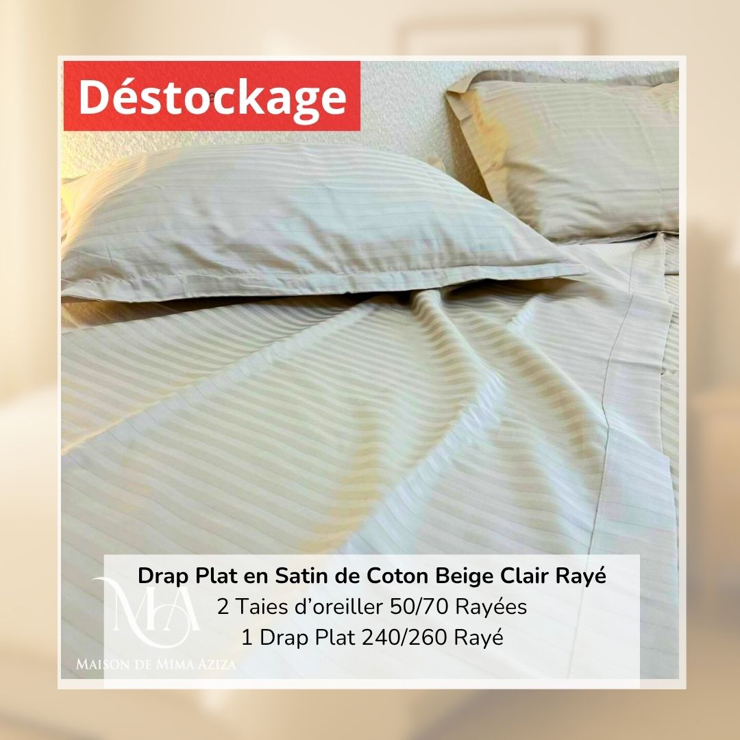 Déstockage! Drap Plat en Satin de Coton Beige Clair Rayé 240/260 et 2 Taies