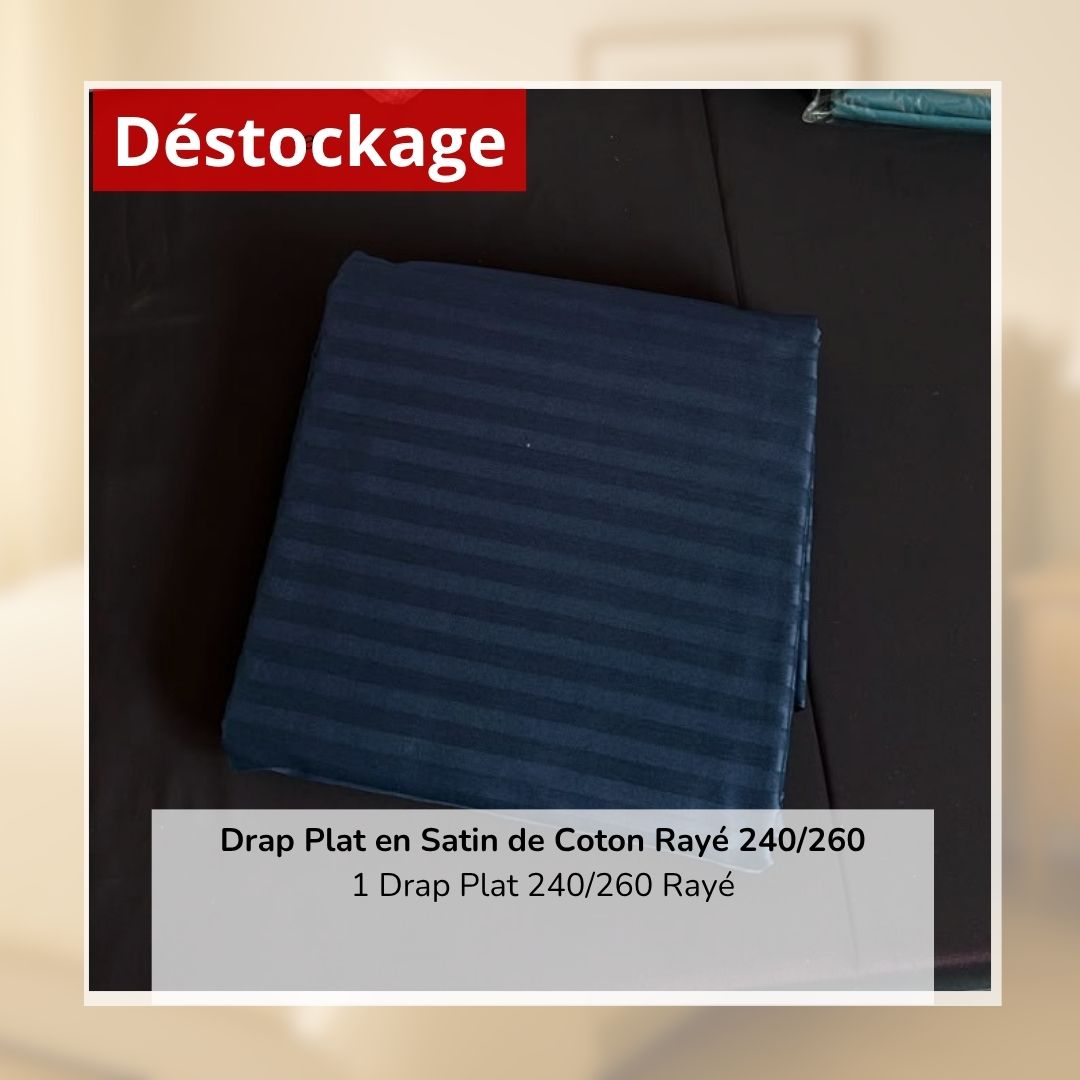 Déstockage! Drap Plat en Satin de Coton Bleu Marine Rayé 240/260