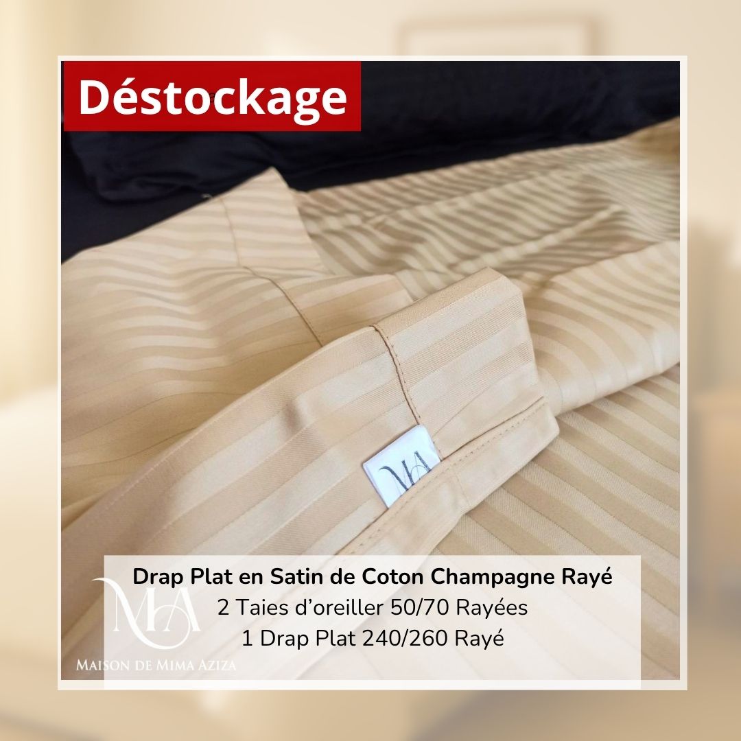 Déstockage! Drap Plat en Satin de Coton Champagne Rayé 240/260 et 2 Taies