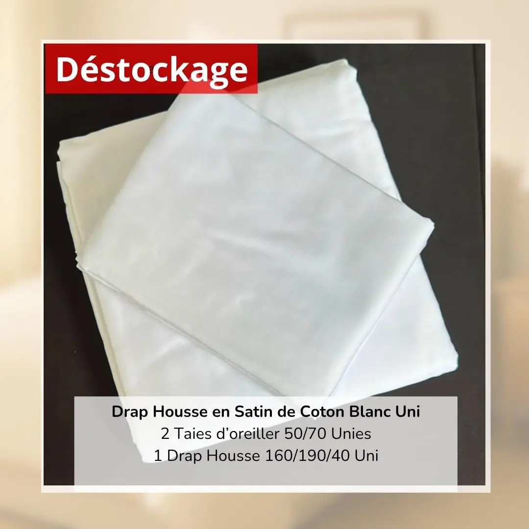 Déstockage! Drap Housse en Satin de Coton Blanc Uni 160/190 et 2 Taies