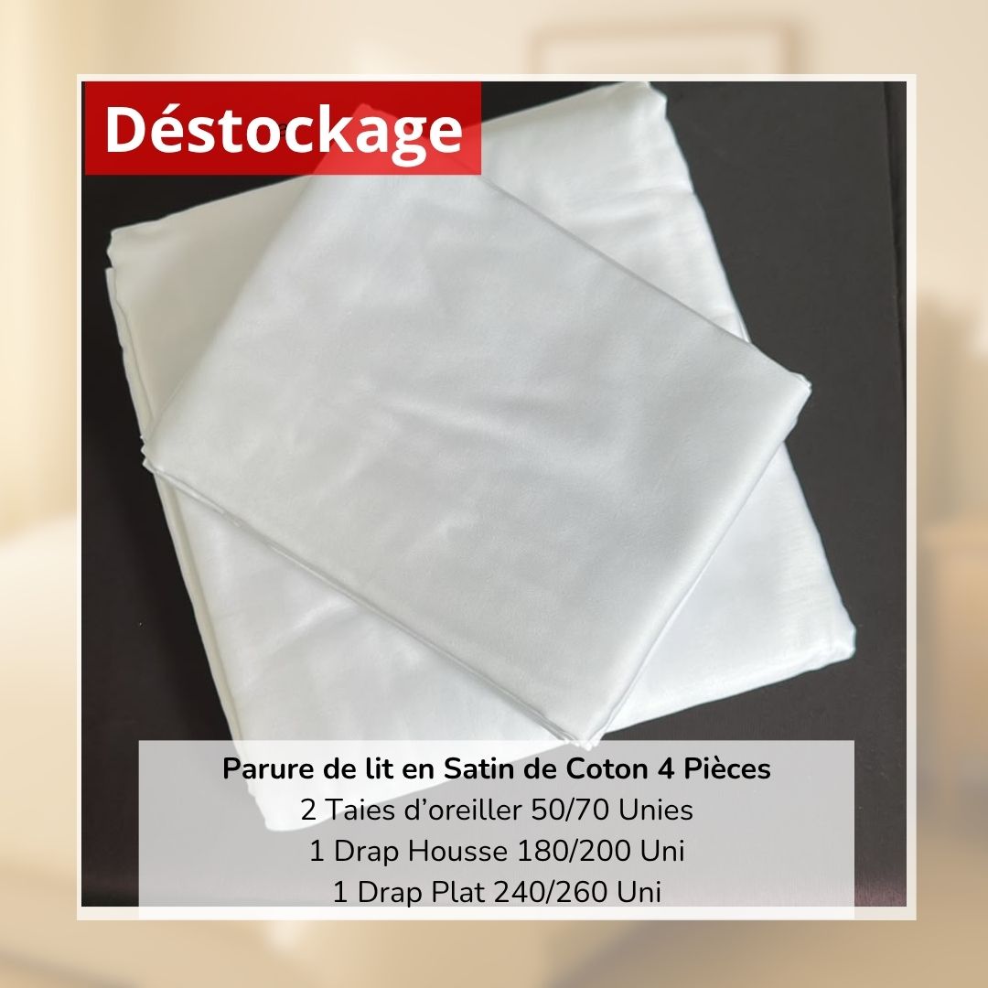 Déstockage! Parure de Lit en Satin de Coton Blanc Uni 180/200 (4 Pièces)
