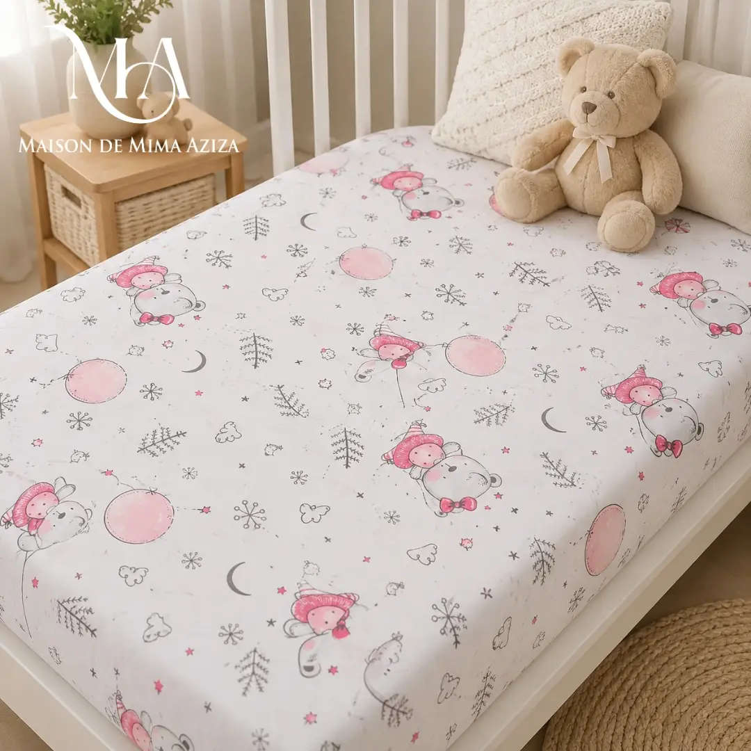 Drap Plat Bébé Blanc Oursons Roses & Ballons