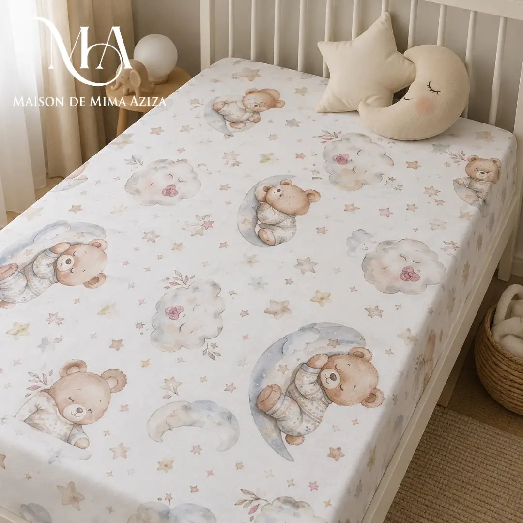 Drap Plat Blanc Oursons, Nuages & Lunes