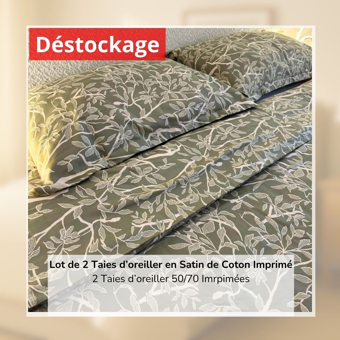 Déstockage! Lot de 2 Taies d’oreiller en Satin de Coton Imprimées V03217 (50/70 cm)