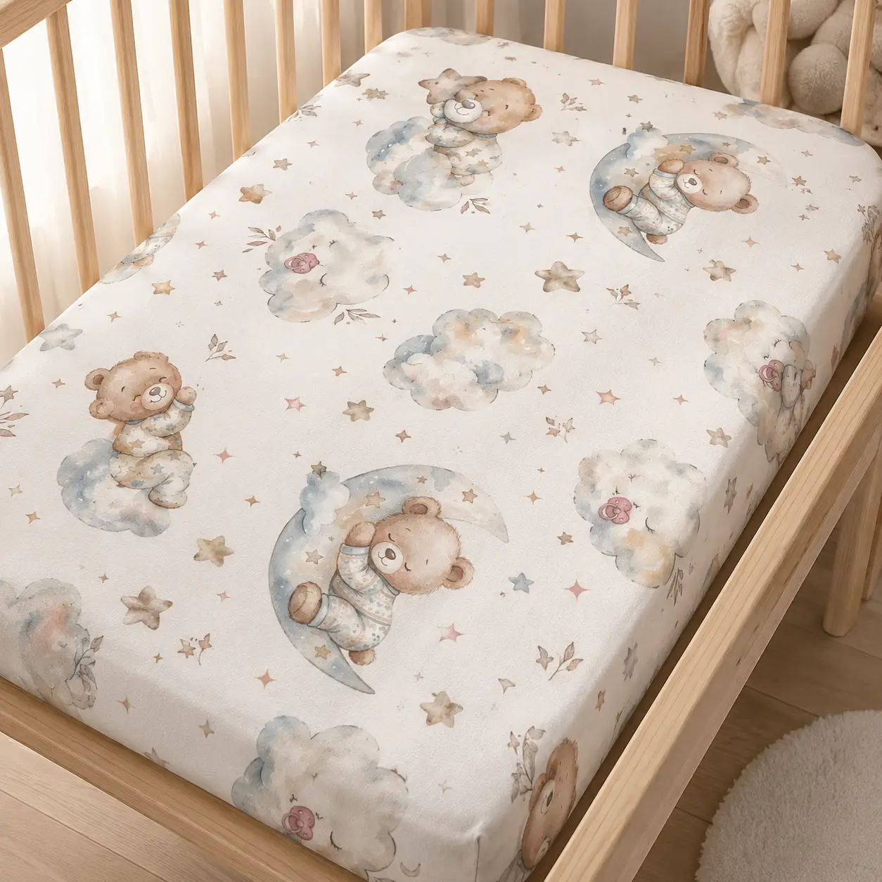 Drap Housse Blanc Oursons, Nuages & Lunes