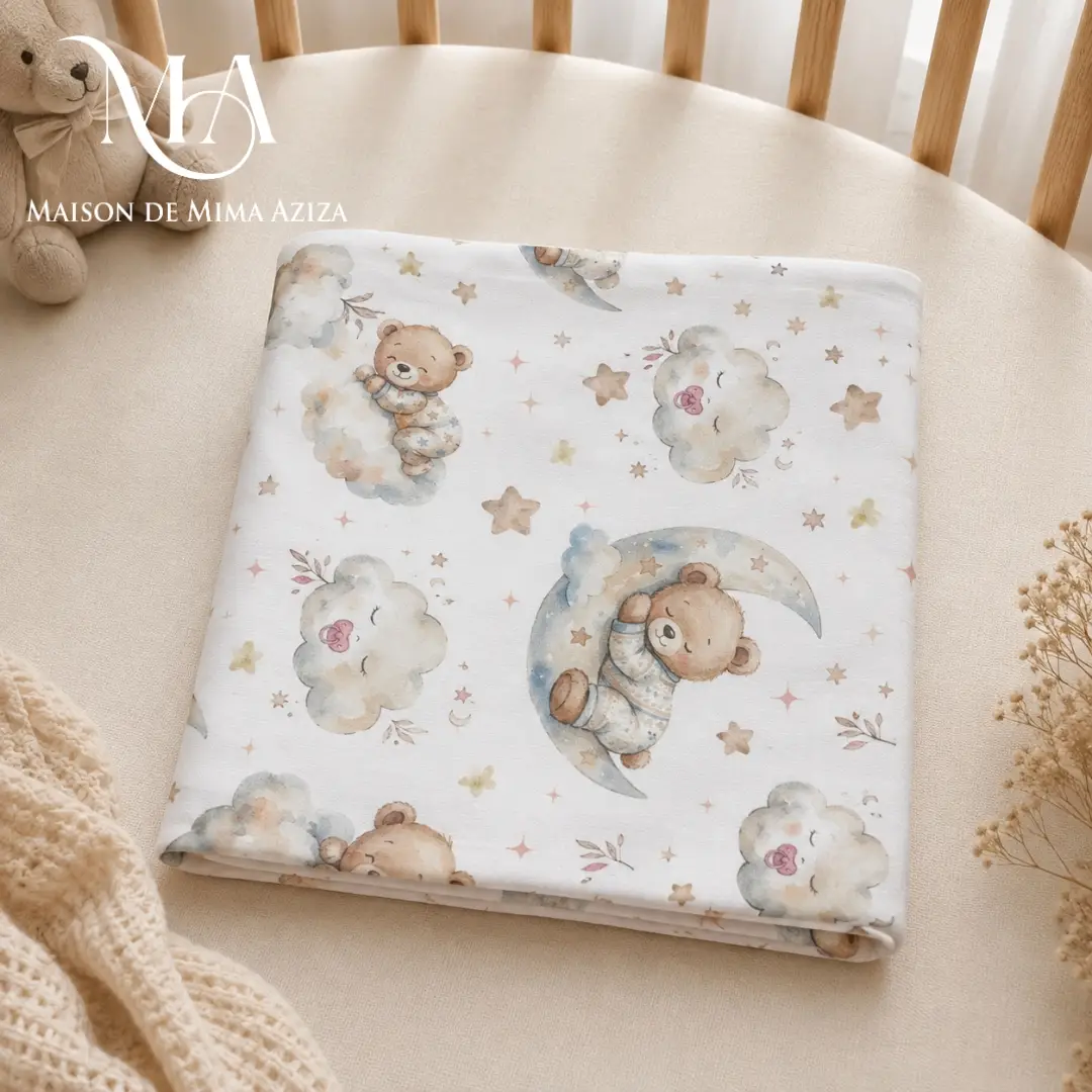 Mini Drap Plat Blanc Oursons, Nuages & Lunes