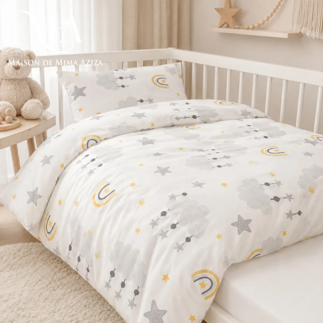 Couette bébé Blanc Nuages, Étoiles & Arc-en-ciel Jaune