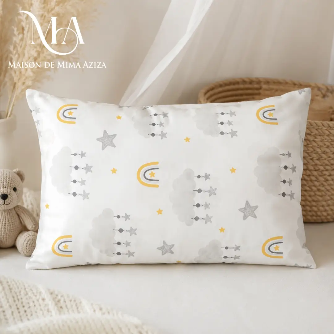 Taie d'oreiller Blanc Nuages, Étoiles & Arc-en-ciel Jaune
