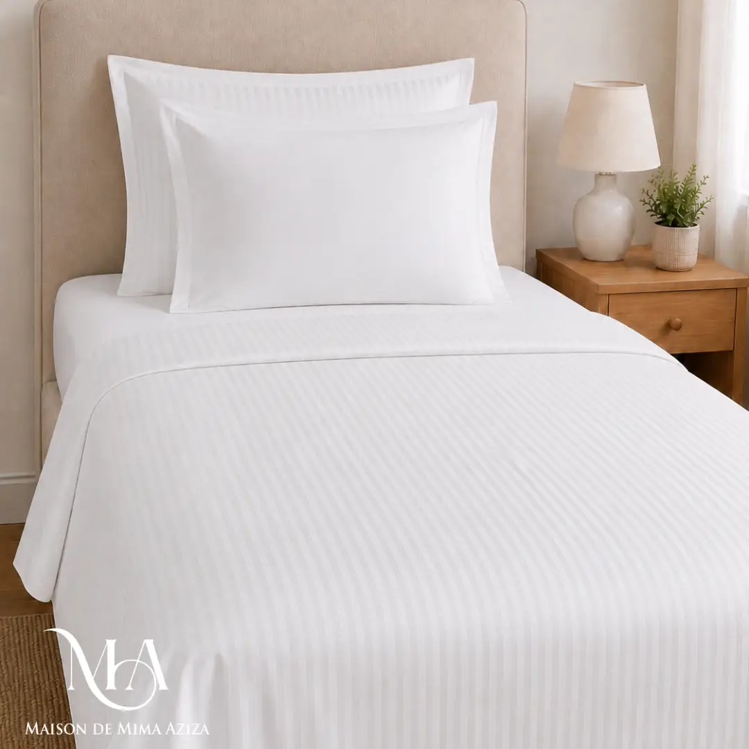 Parure de lit en Satin de Coton à rayures 220 TC – Single blanc