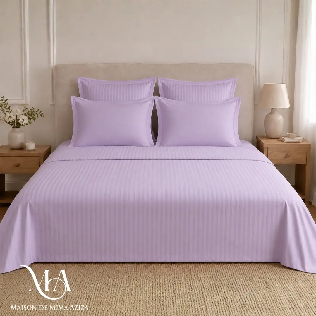 Parure de lit en Satin de Coton à Rayures 220 TC – Double Lilas