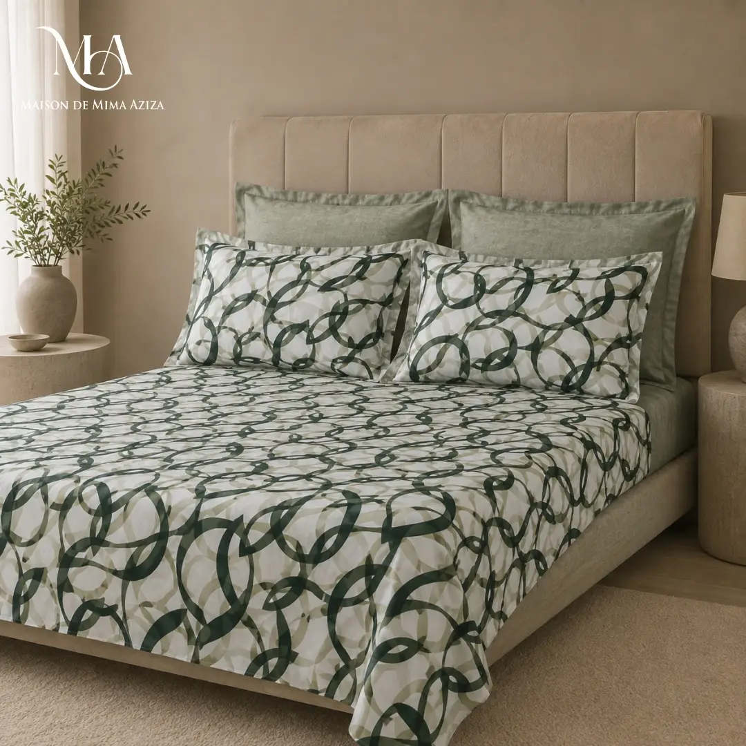 Parure de Lit en Poly-Coton – Double – Feuillage Vert