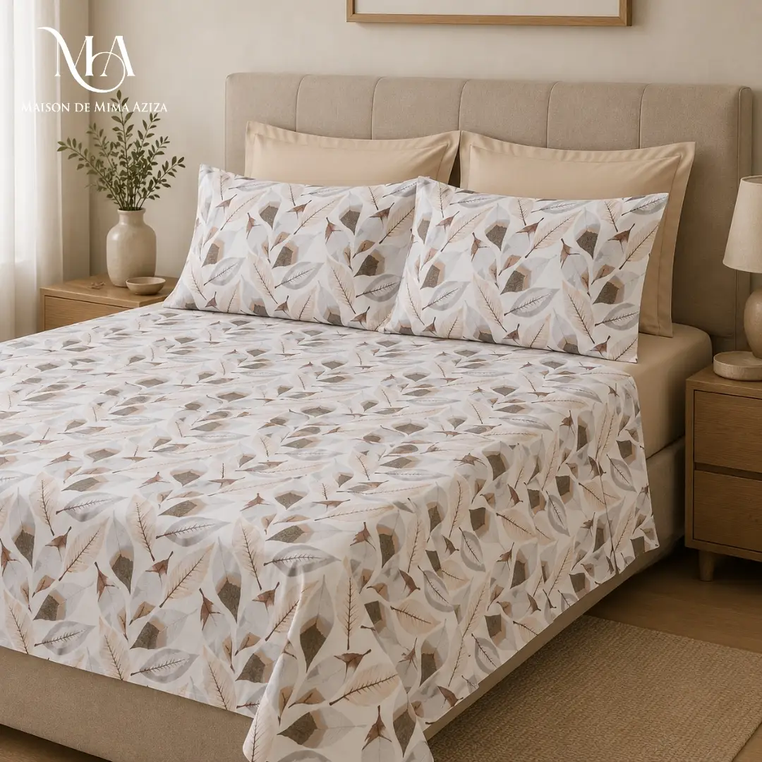 Parure polycoton imprimé beige drap housse Beige