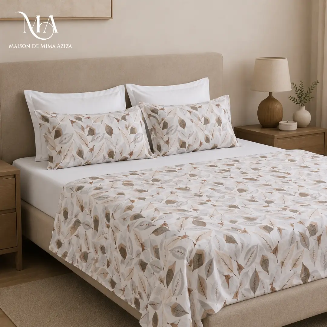 Parure polycoton imprimé beige drap housse Blanc