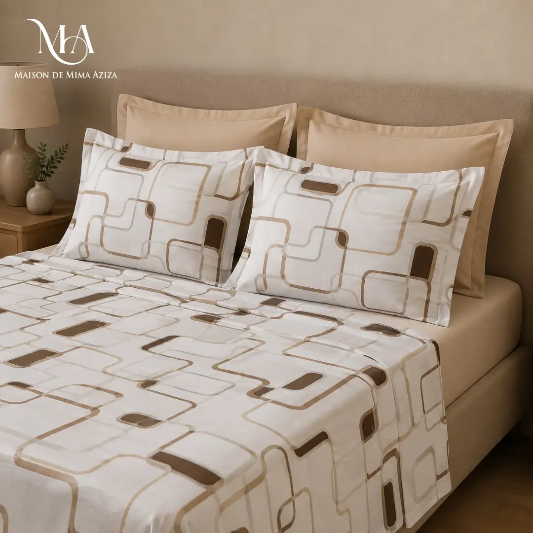 Parure de lit en Polycoton – Double – Géométrique Taupe drap housse beige