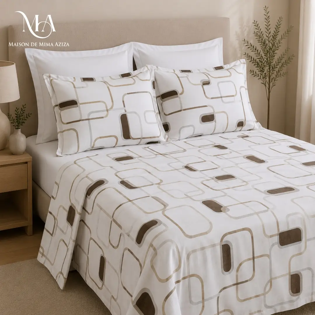 Parure de lit en Polycoton – Double – Géométrique Taupe drap housse blanc