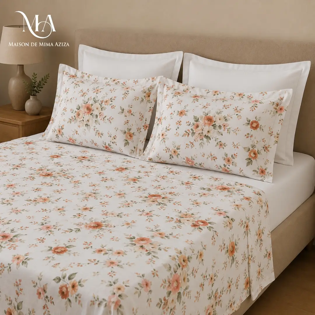 Parure de lit en Polycoton – Double – Fleurs Pêche drap housse blanc