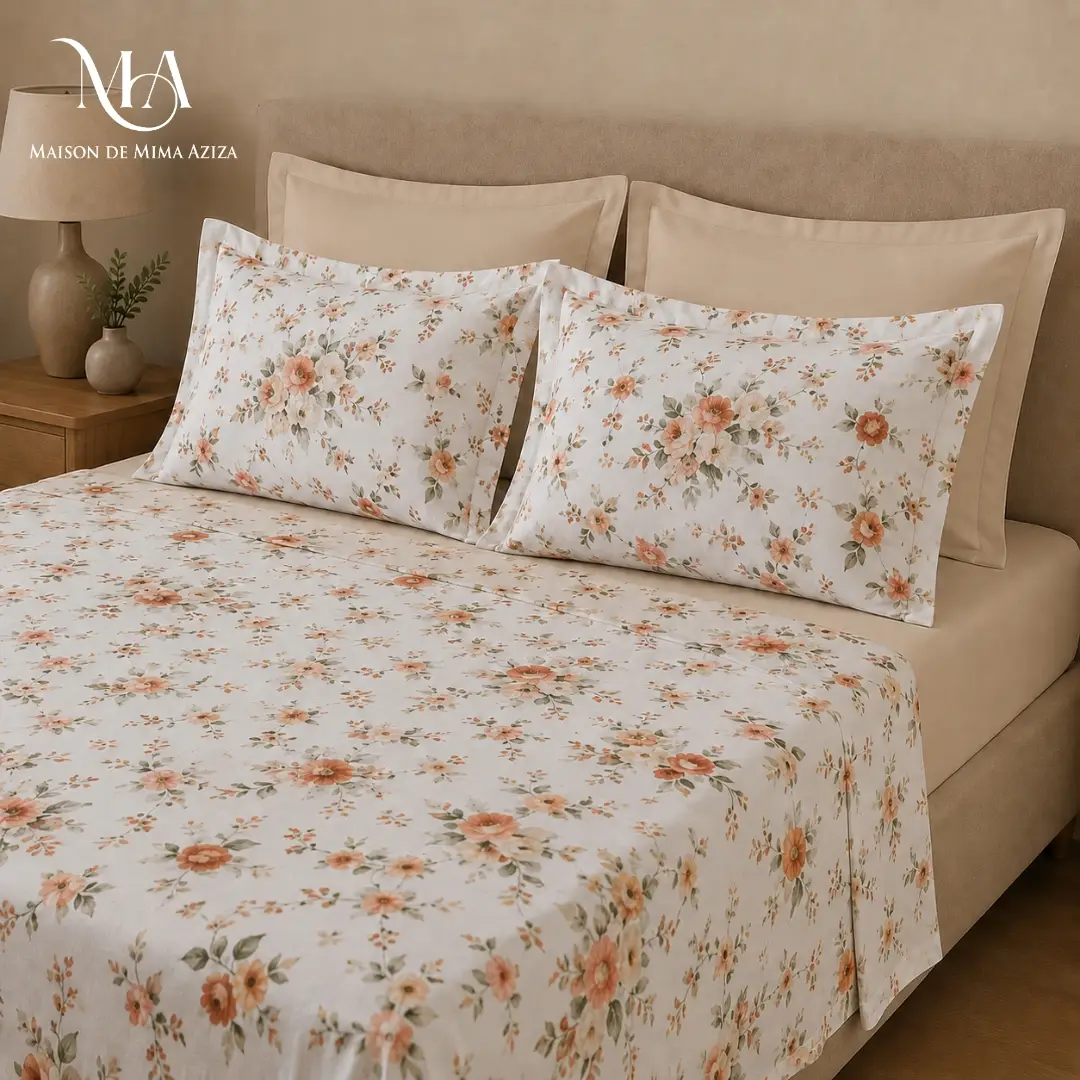 Parure de lit en Polycoton – Double – Fleurs Pêche drap housse beige